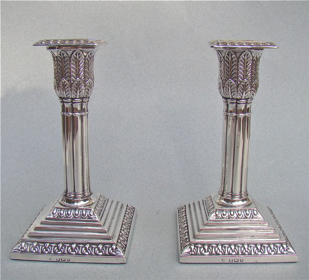 pair of victorian sterling silver corinthian column candlesticks by martin hall sheffield 1897