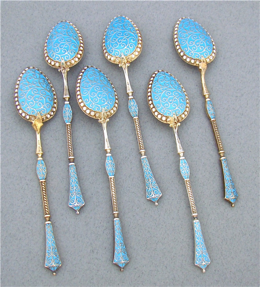 cased set of six silver gilt cloisonn enamel coffee spoons by d andersen norway circa 1910
