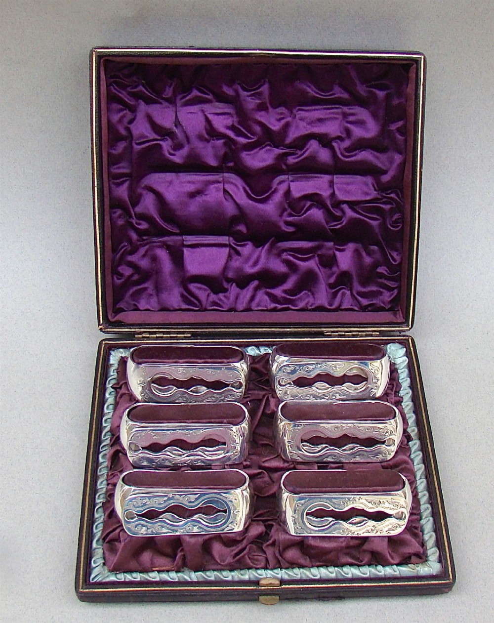 cased set of six victorian silver plated numbered napkin rings circa 1870