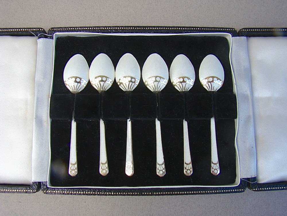 cased set of six silver gilt guilloche enamel demitasse coffee spoons by turner simpson birmingham 1924