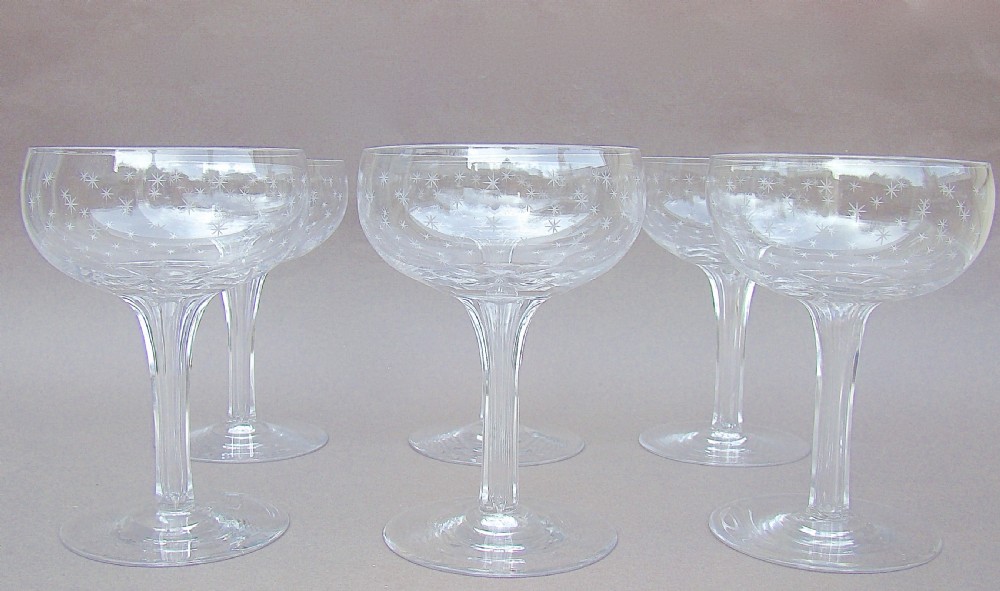 set of six victorian staretched hollow stem champagne glasses circa 1880