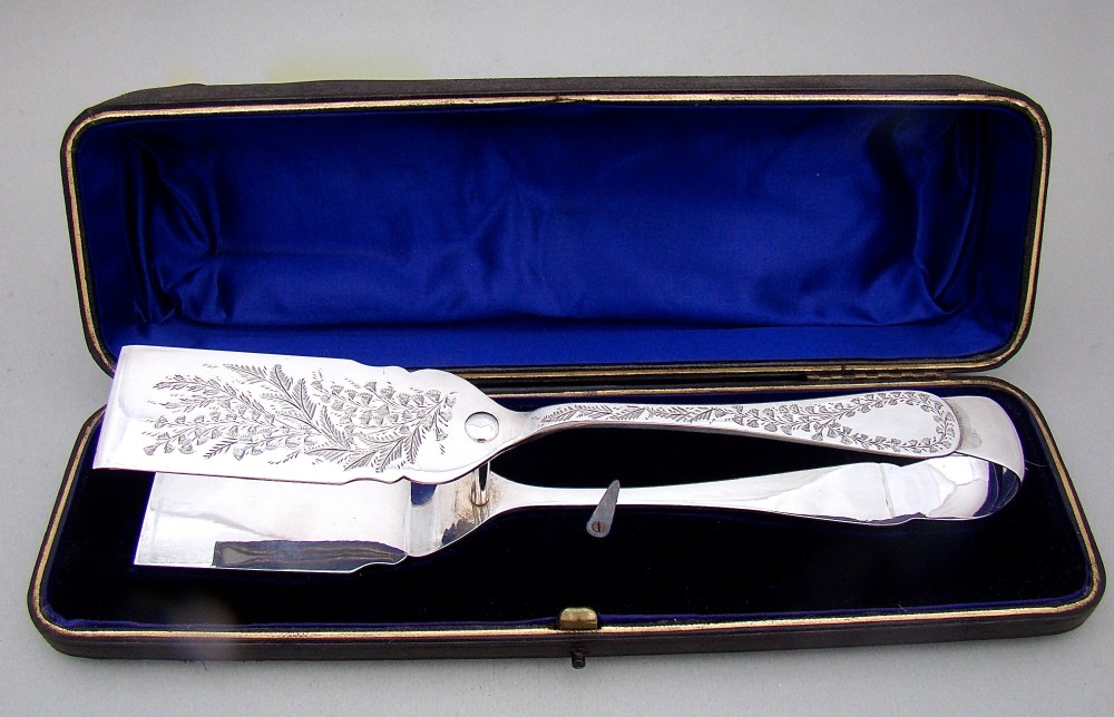 cased pair of victorian solid silver asparagus tongs by hilliard thomason birmingham 1900
