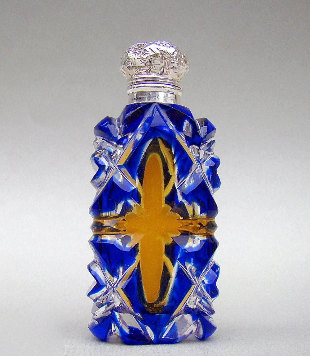 rare victorian silver blue amber bohemian glass scent bottle circa 1890