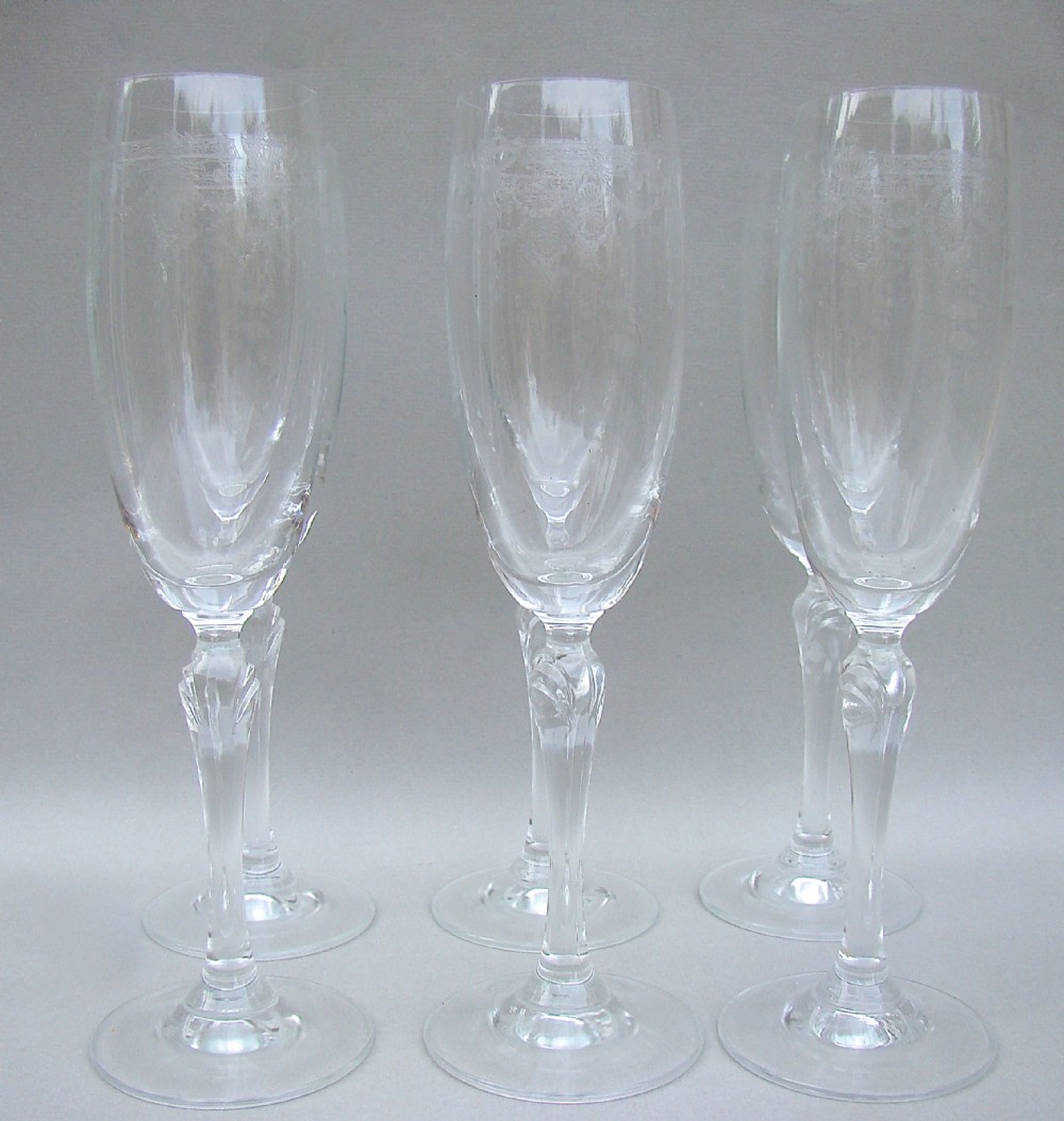 set of six edwardian engraved glass champagne flutes circa 1910