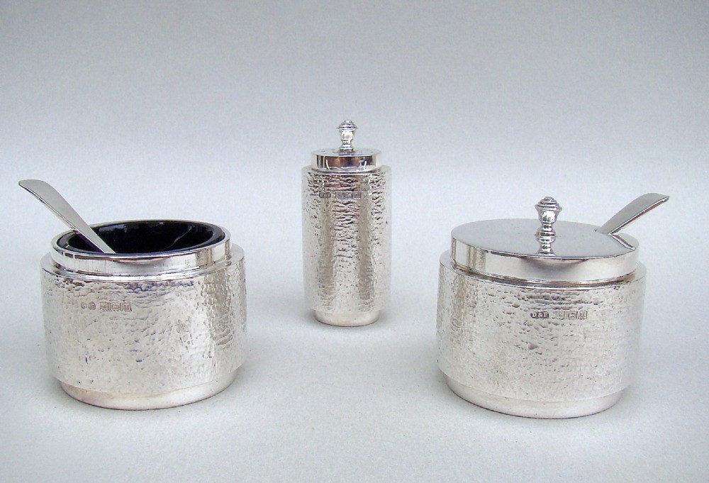 mid century silver three piece bark finish condiment set by deakin francis birmingham 1969