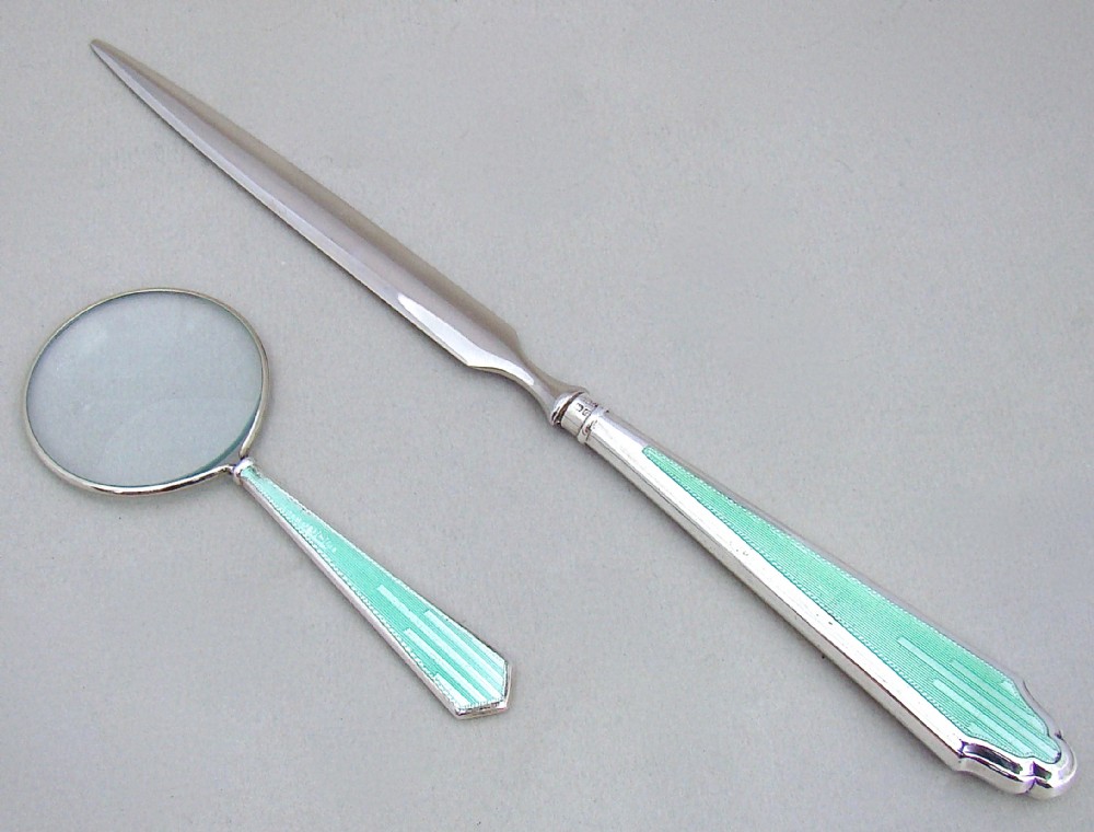 silver guilloche enamel small desk magnifying glass letter opener by hasset harper ltd birmingham 1934