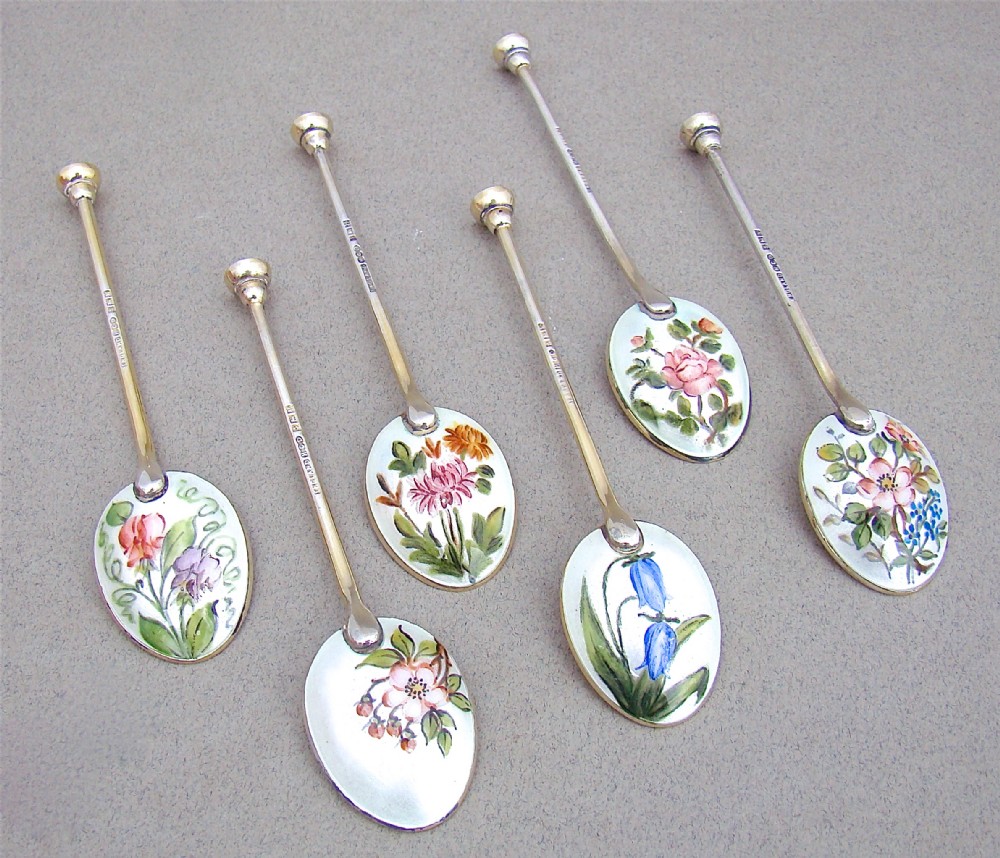 cased set of six botanical guilloche enamel coffee spoons by henry clifford davis birmingham 1961