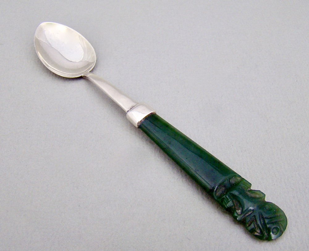 new zealand sterling silver and carved jade small spoon circa 1920
