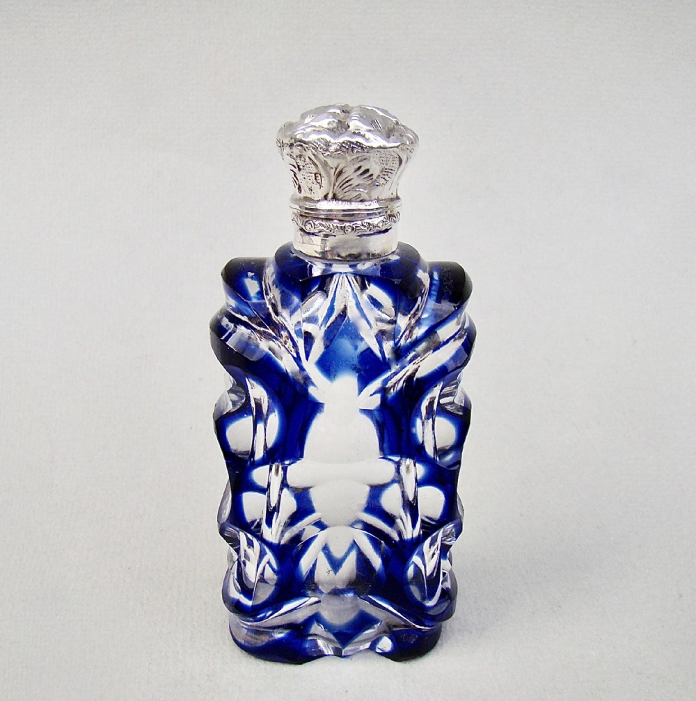 victorian silver and bohemian overlay bristol blue glass scent bottle circa 1890