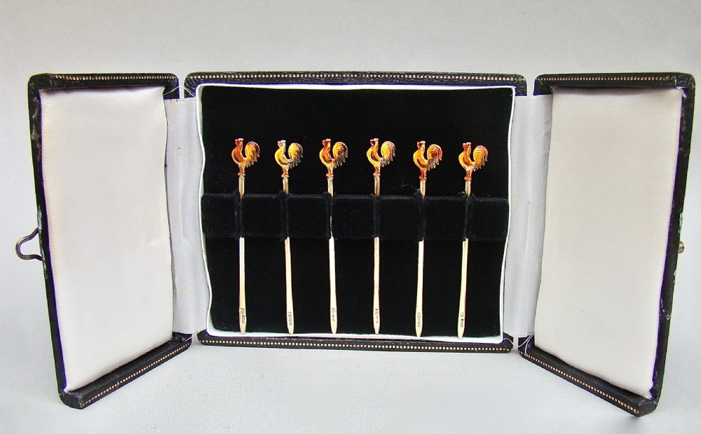 midcentury cased set of six silver gilt enamelled cockerel cocktail sticks by the adie brothers birmingham 1957