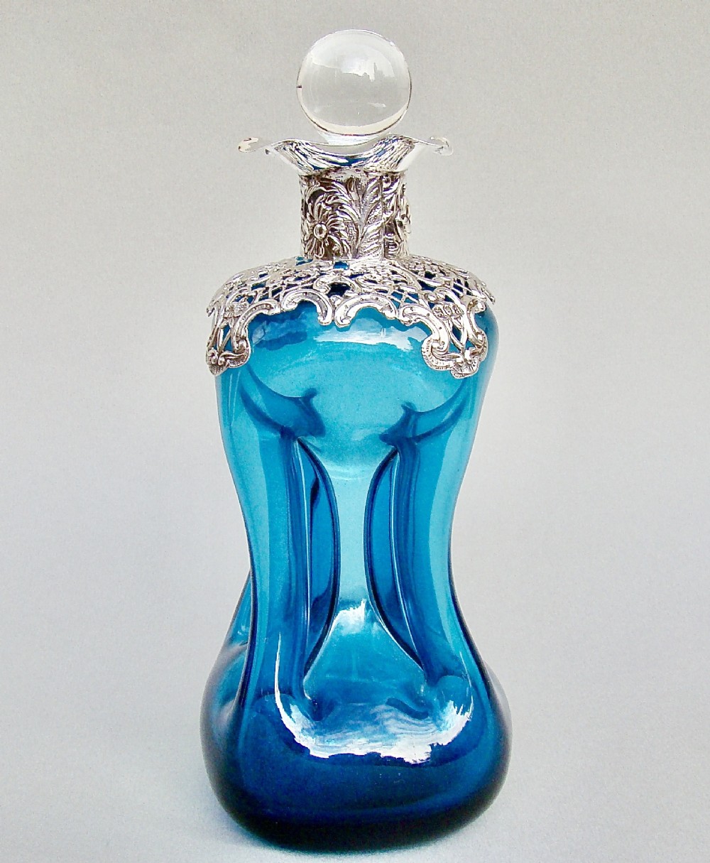 rare victorian silver mounted turquoise glass small glug glug liqueur decanter by william comyns london 1896