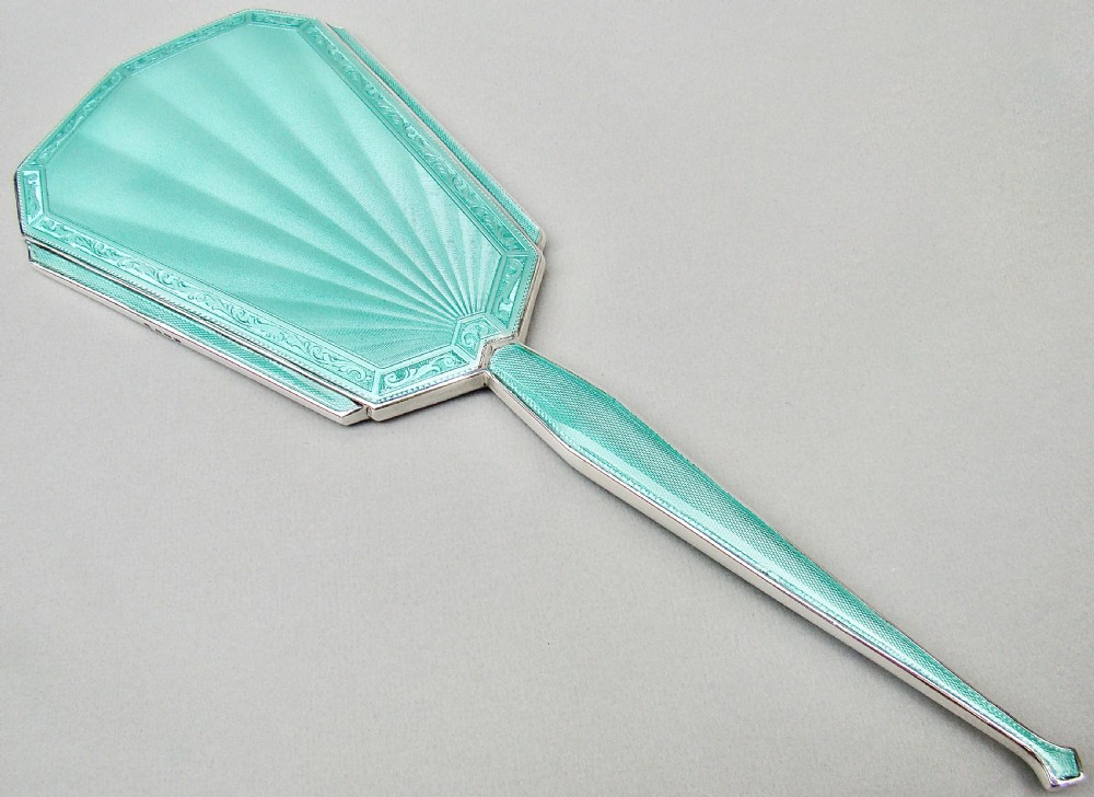 fabulous art deco silver and guilloche enamel hand mirror by charles green birmingham 1936