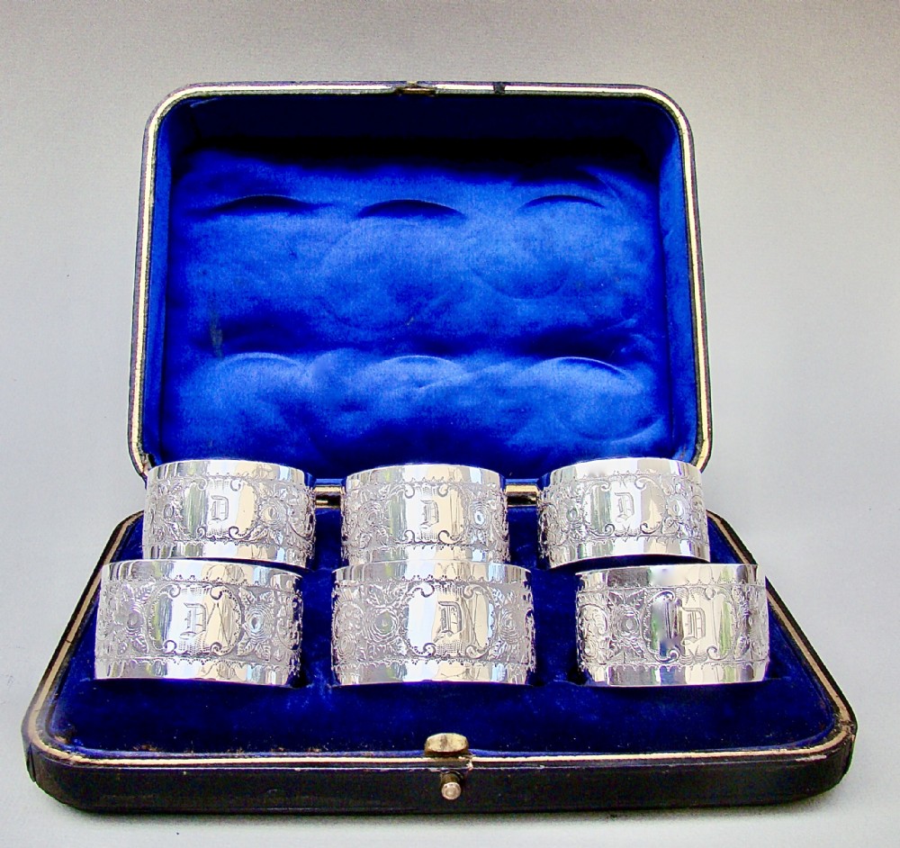 set of six victorian silver plated monogrammed napkin rings circa 1890