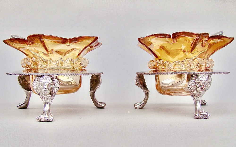 delightful pair of victorian silver plated stands with glass salts by john grinsell sons circa 1890