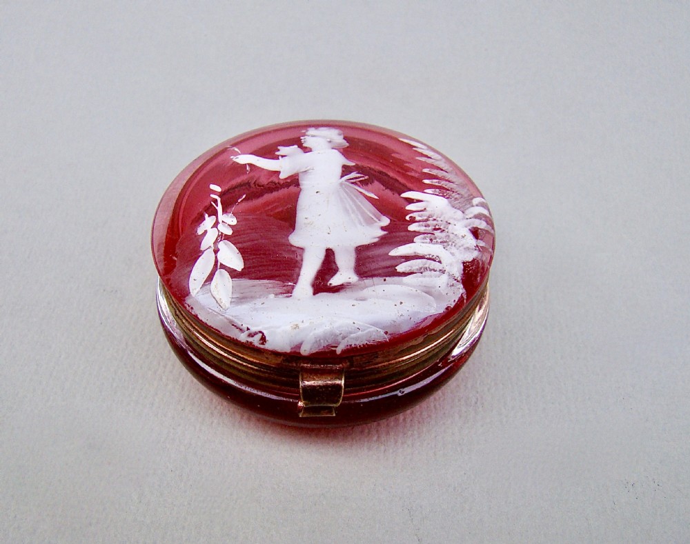 victorian mary gregory cranberry glass trinket box circa 1890