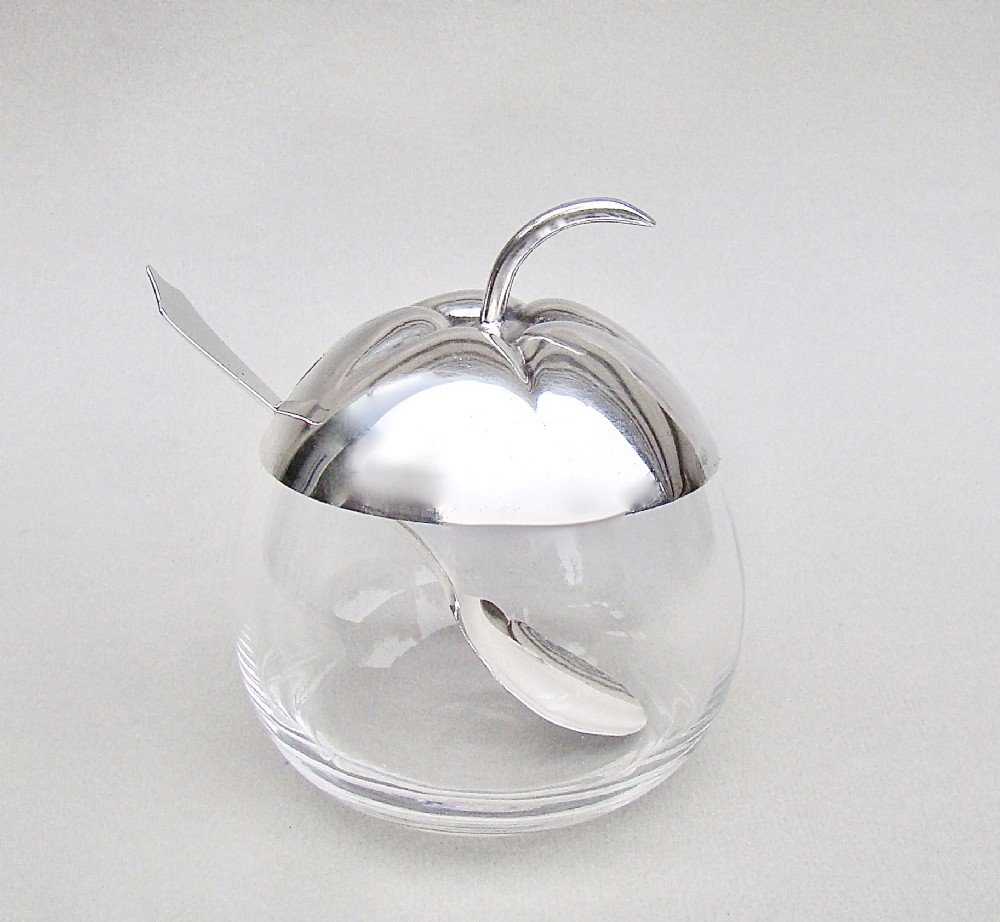 art deco silver plated appleshaped preserve jar with silver preserve spoon sheffield 1922