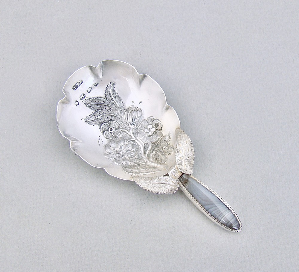 rare and exquisite victorian silver caddy spoon by hilliard thomason birmingham 1866