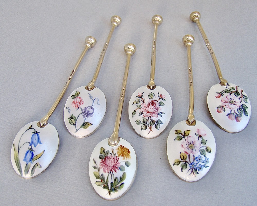 cased set of six botanical guilloche enamel coffee spoons by barker ellis silver co birmingham 1969