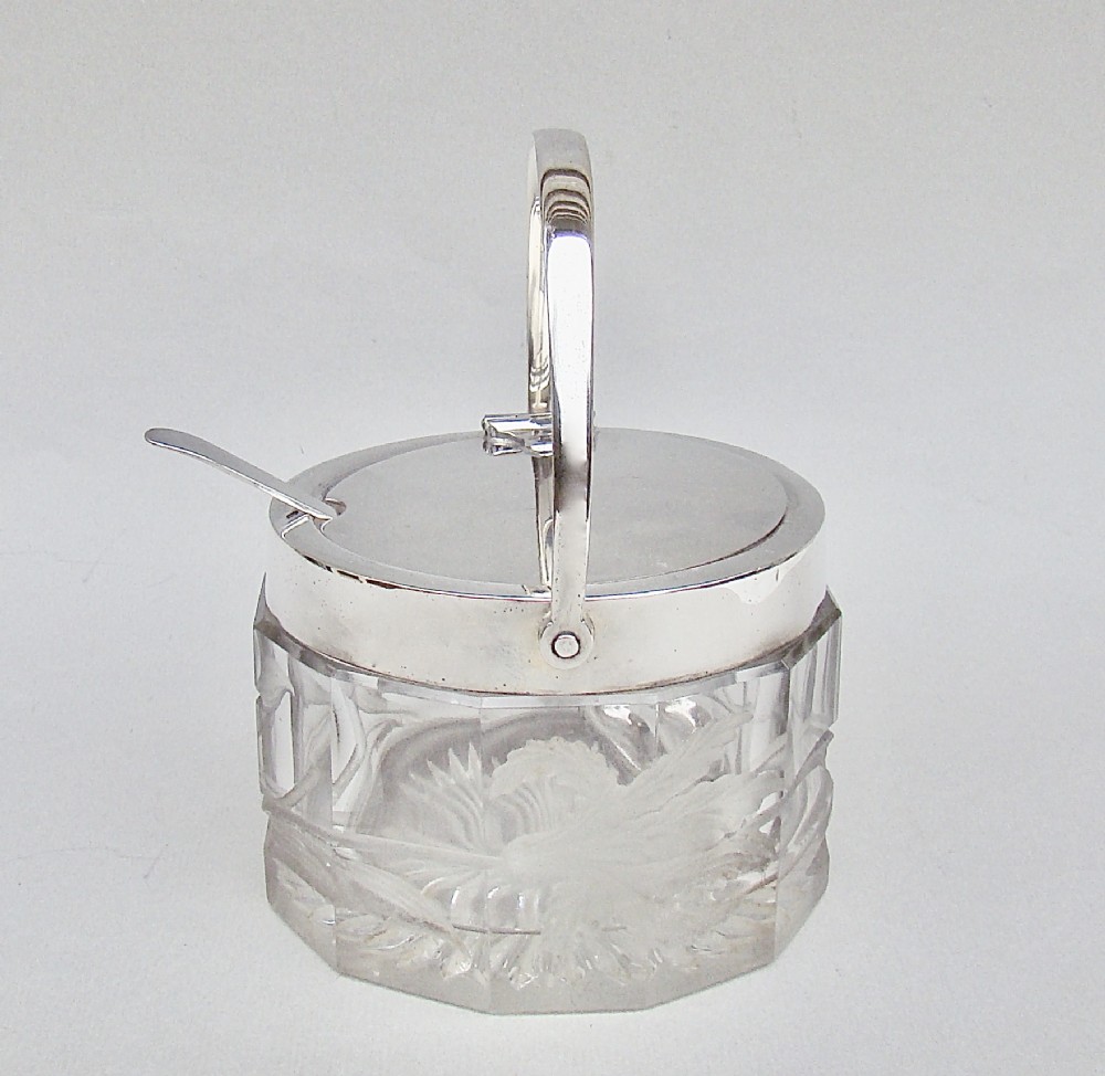 fabulous art nouveau hukin heath automated silver plated etched glass preserve jar with silver preserve spoon