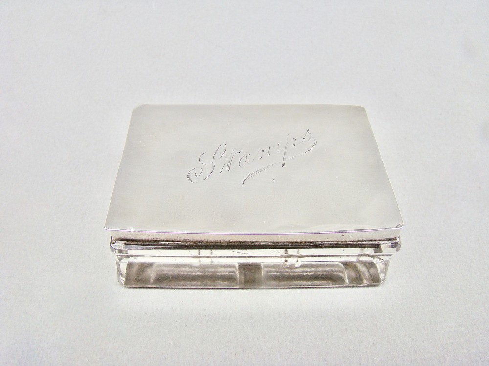 unusual art deco silver mounted novelty double stamp box with book shaped glass body london 1922