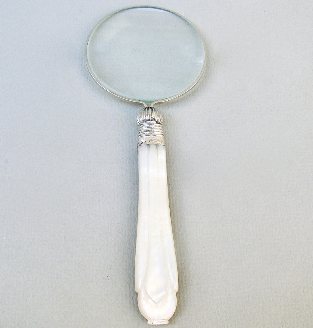 george silver mounted mother of pearl desk magnifying glass by james a scholes sheffield 1911