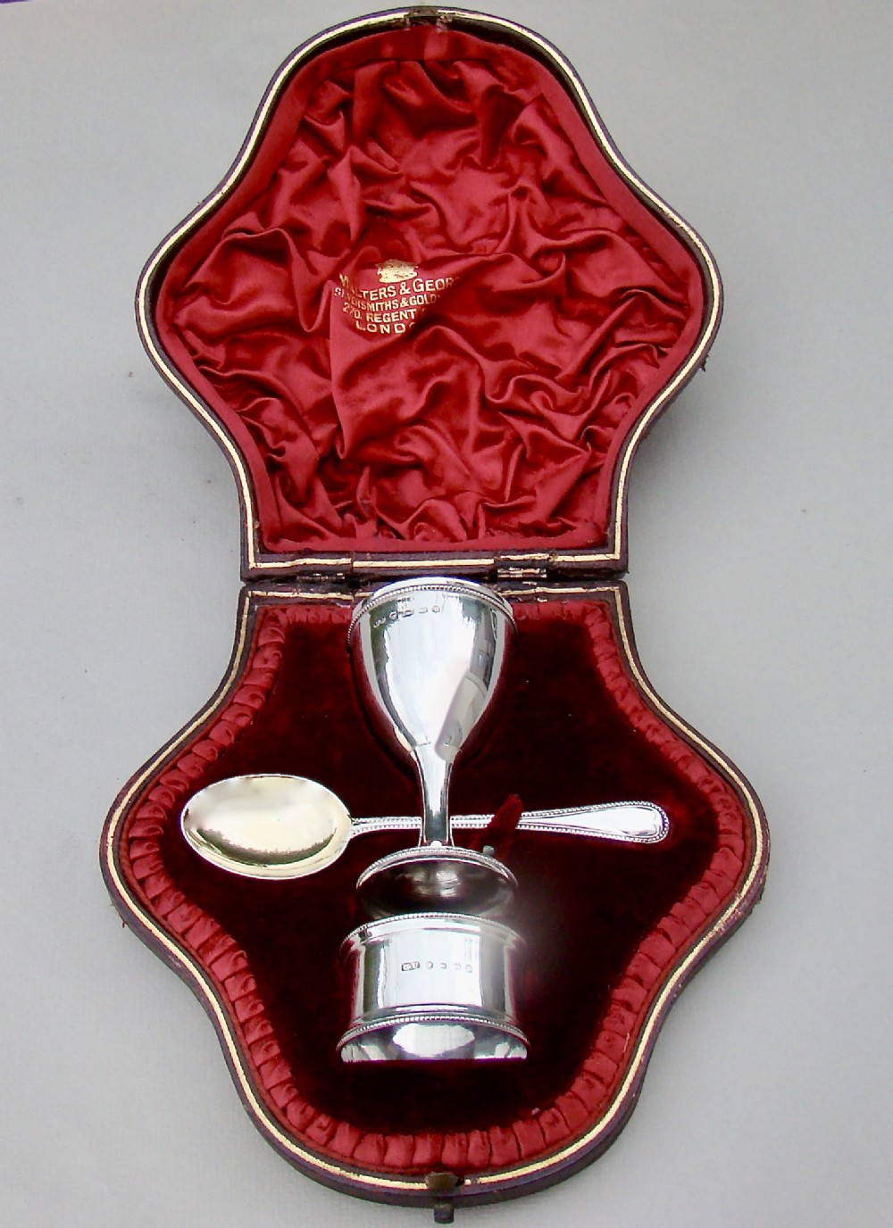superb victorian 3piece christening set complete with egg cup spoon napkin ring by george unite birmingham 1887