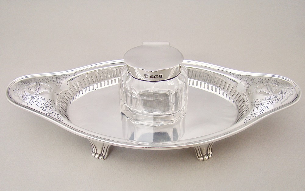 georgian revival silver glass inkstand by hawksworth eyre co sheffield 1908