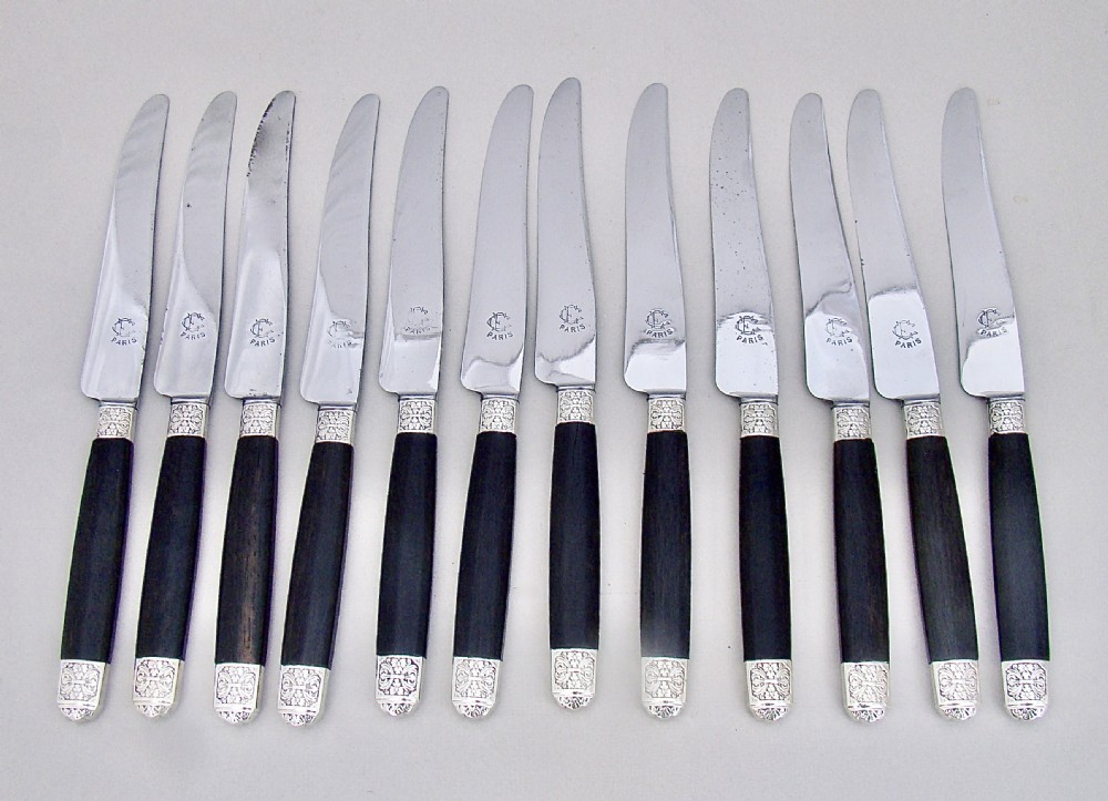 fabulous cased set of twelve silver plated french table knives with ebony handles and steel blades paris circa 1890