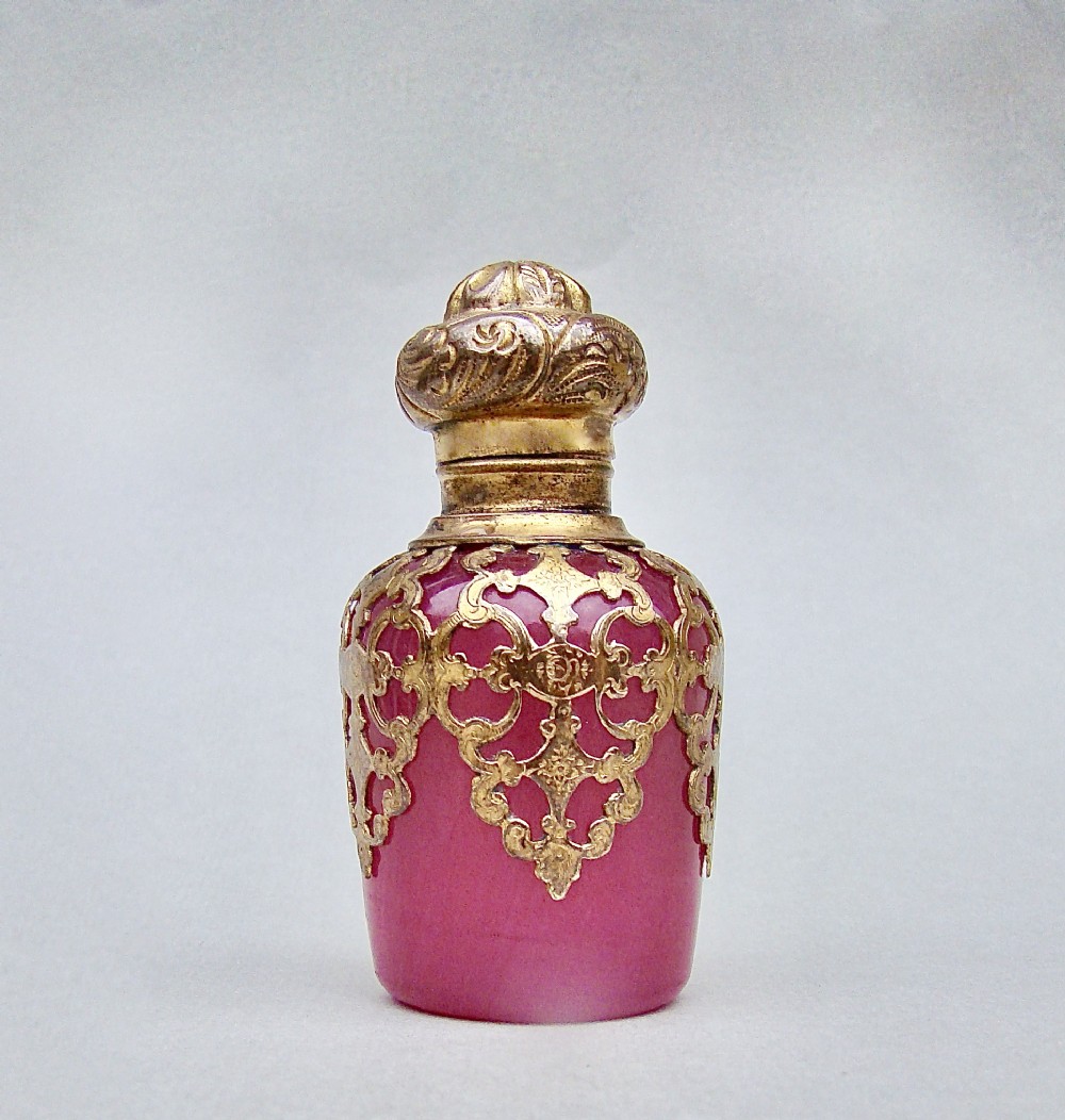 rare 19th c french palais royal ormulu pink opaline glass scent bottle circa 1880