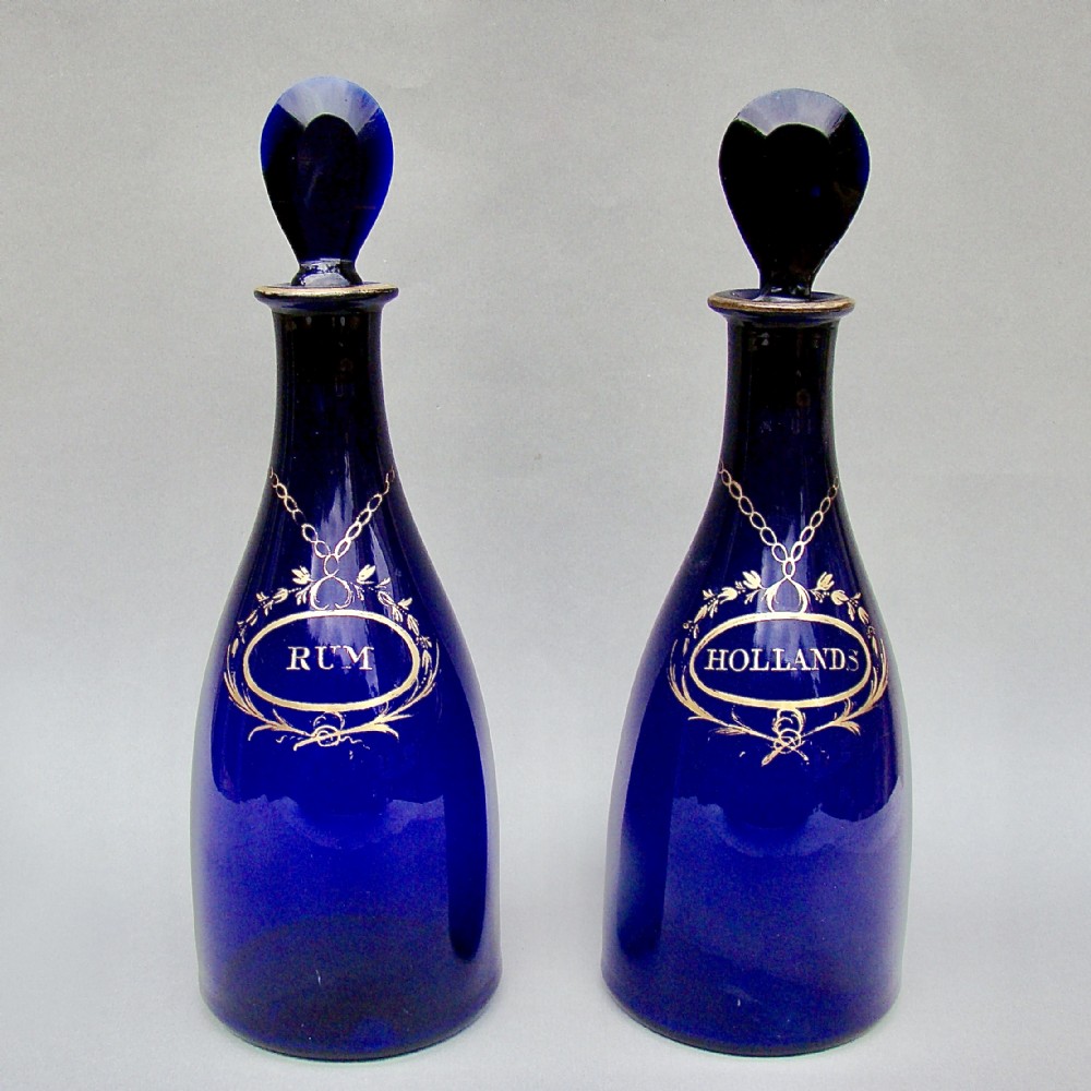 stunning pair of georgian bristol blue glass decanters circa 1795