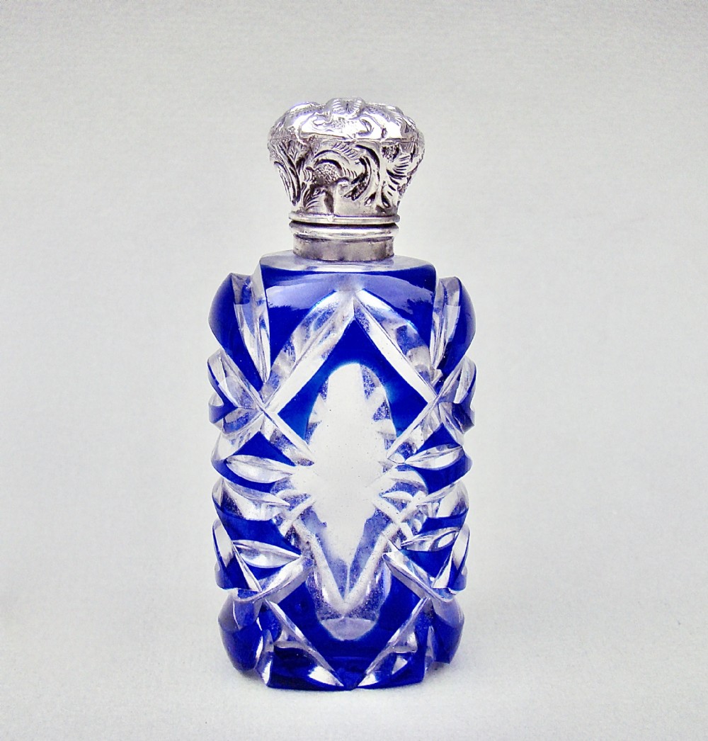 victorian silver and bristol blue overlay bohemian glass scent bottle circa 1890