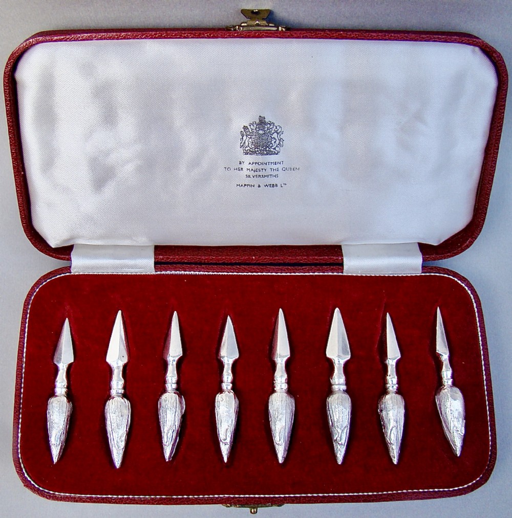 cased set of midcentury silver plated corn cob holders by mappin webb circa 1950