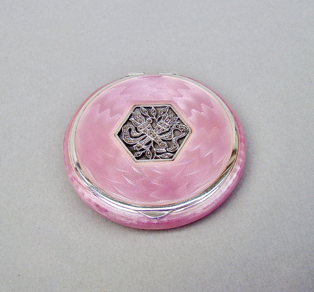 fabulous art deco silver and guilloche enamel compact with marcasite decorations glasgow import marks 1929