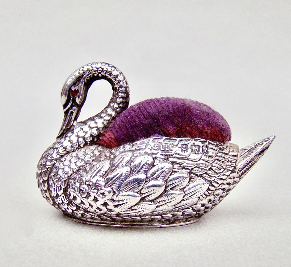 exquisite edwardian silver swan pin cushion by adie lovekin birmingham 1908