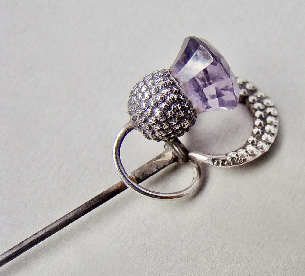 unusual art deco silver marcasite amethyst glass hat pin birmingham 1934