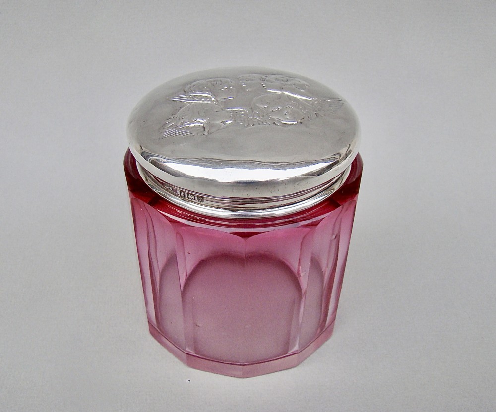 edwardian reynolds angels silver cranberry glass dressing table jar by synyer beddoes birmingham 1904