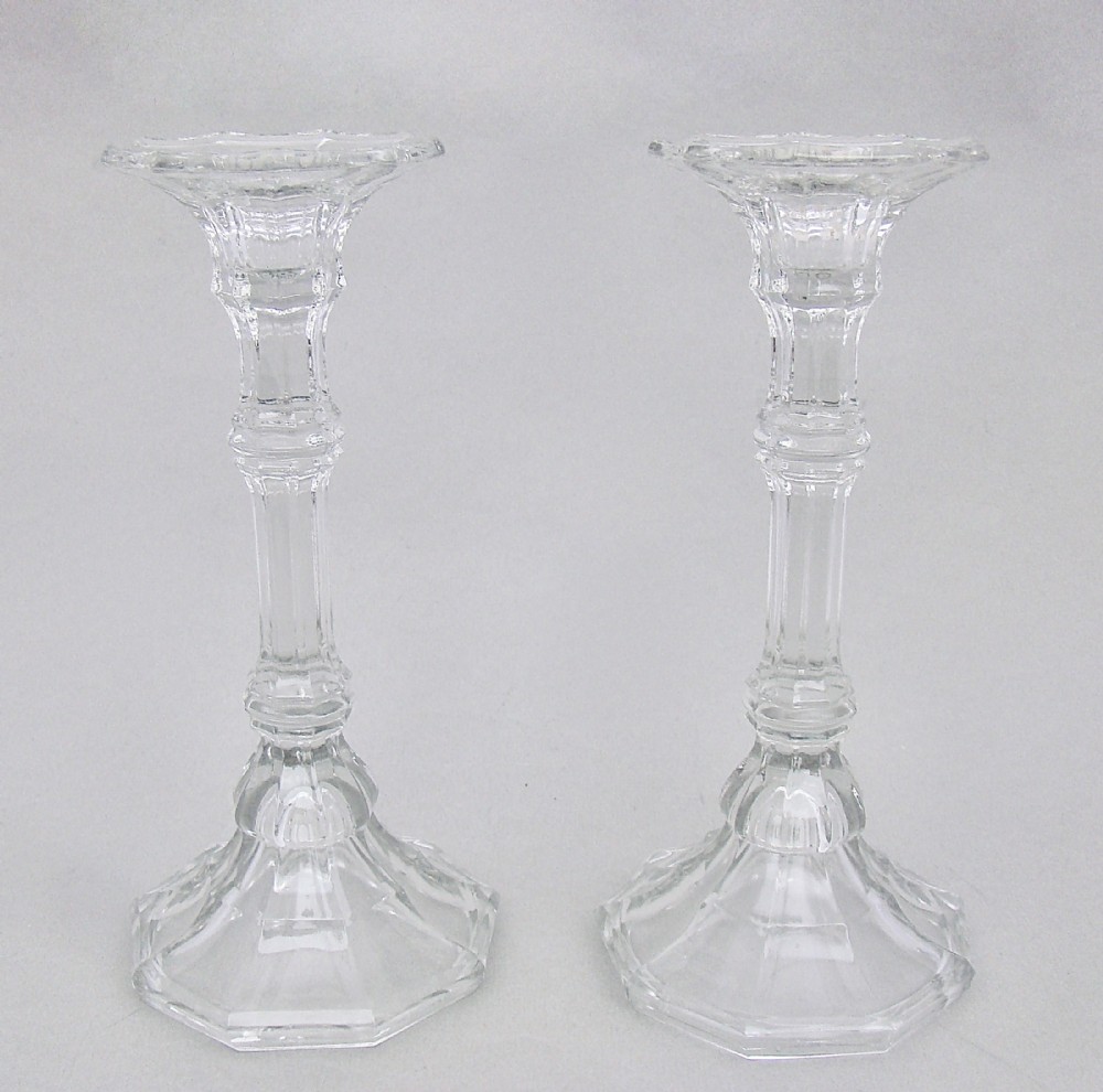 elegant pair of art deco pressed glass candlesticks circa 1930
