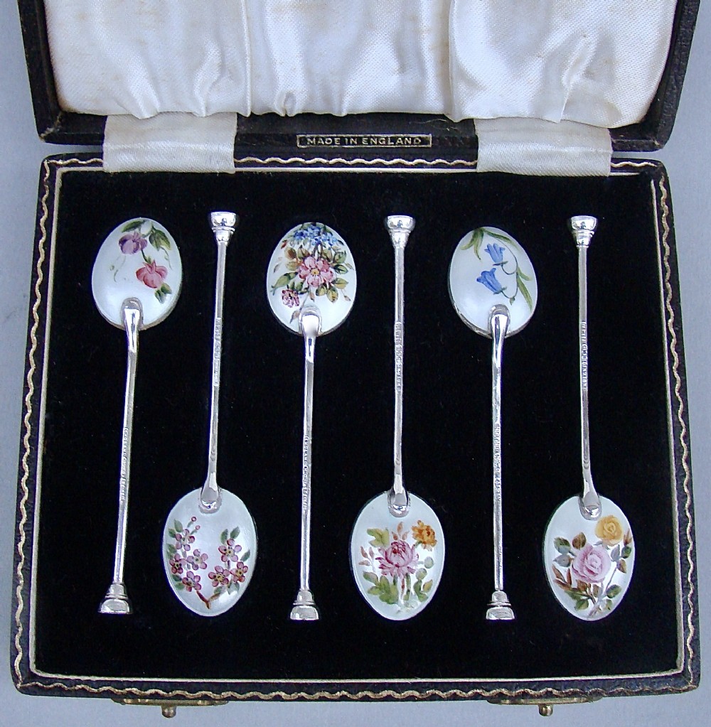 cased set of six botanical guilloche enamel coffee spoons by henry clifford davis birmingham 1957