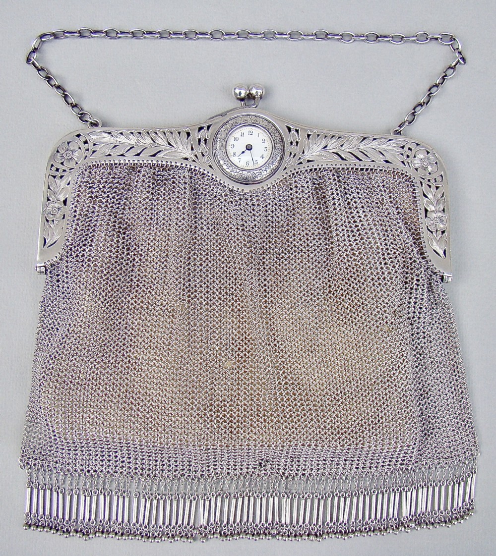 rare fabulous art deco silver large evening bag inset with watch circa 1930