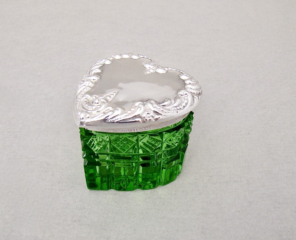 unusual sterling silver green glass heartshaped pill box circa 1910