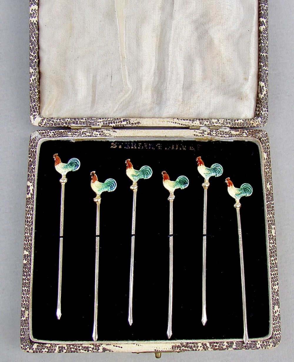 midcentury cased set of six sterling silver enamelled cockerel cocktail sticks circa 1950