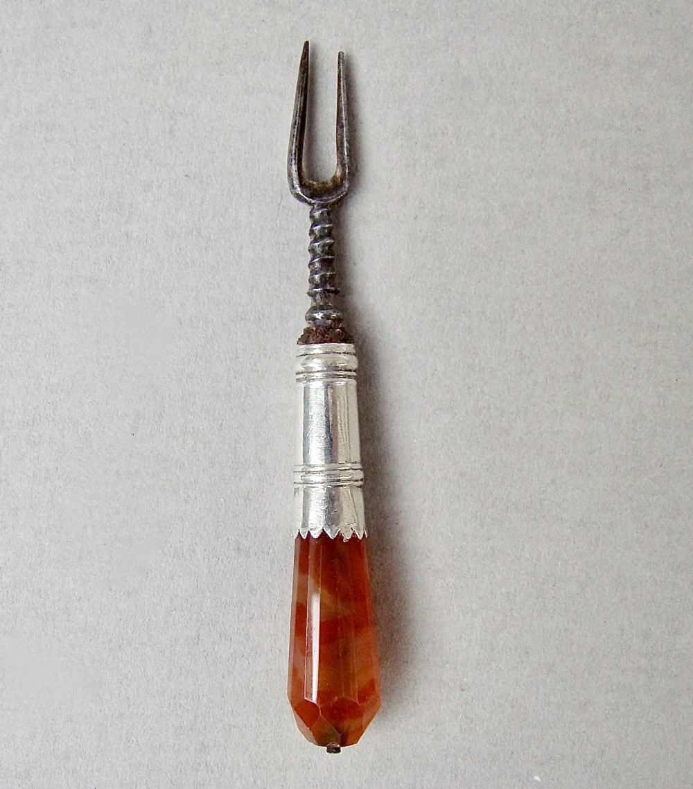 rare georgian silver miniature two pronged fork with agate handle circa 1750