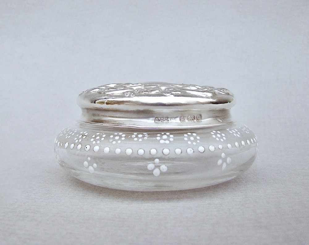 delightful edwardian silver lidded enamelled glass trinket box birmingham 1902