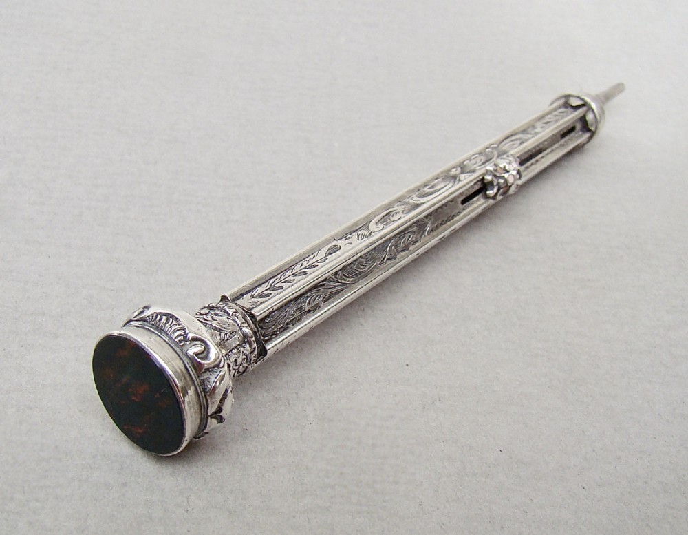 rare victorian silver propelling pencil dip pen with bloodstone seal circa 1880