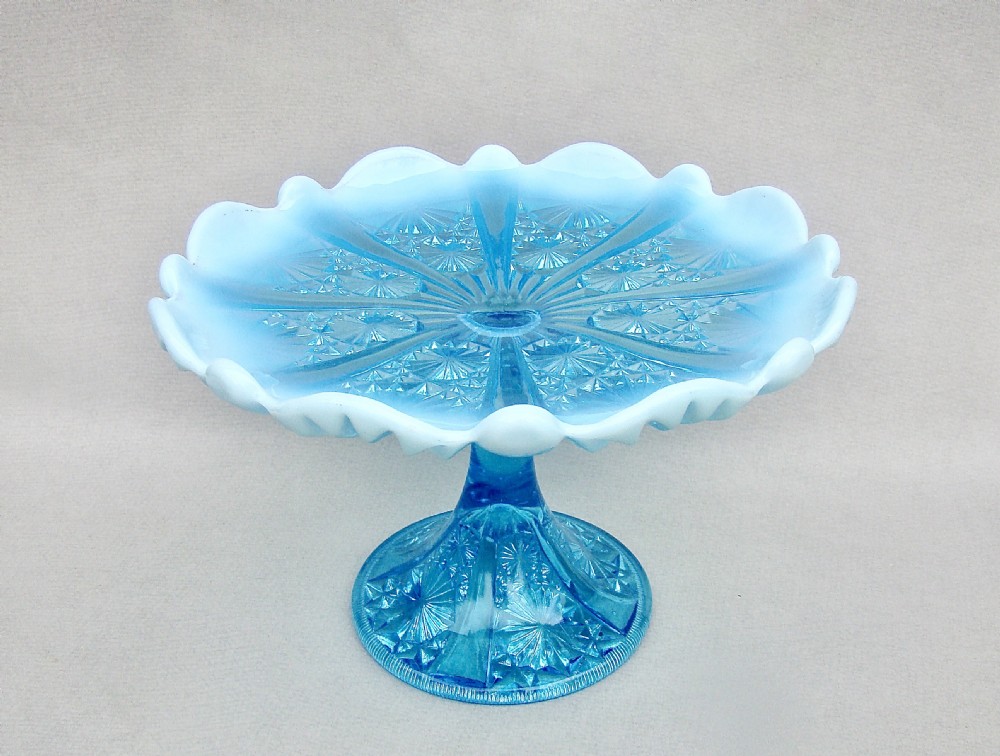 victorian blue pearline glass cake stand by davidson circa 1890