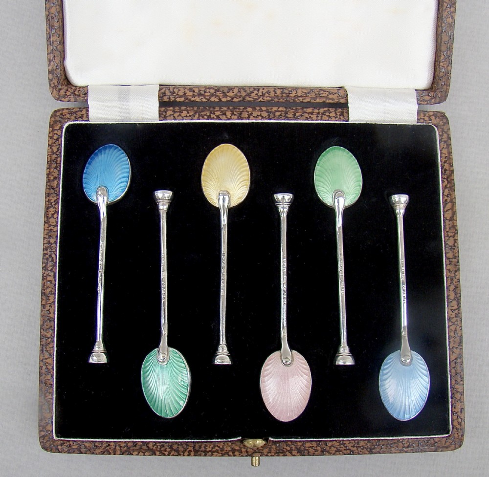 cased set of 6 silver guilloche enamel seal top coffee spoons by walker hall birmingham 1959