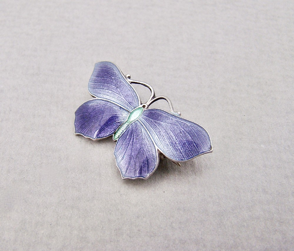 small exquisite art deco silver lilac enamel butterfly brooch by john atkins circa 1930