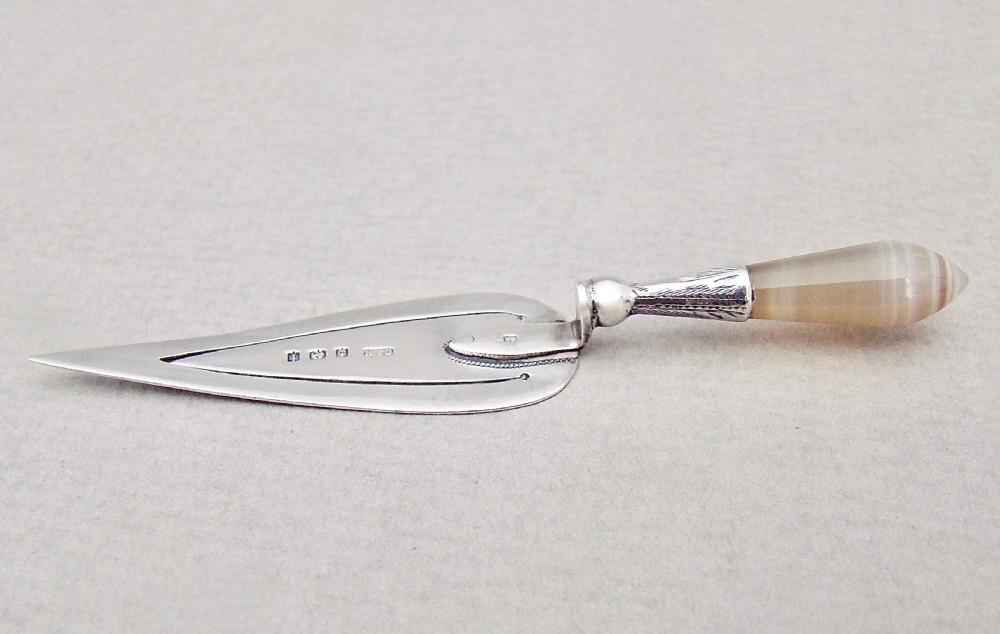 unusual edwardian silver and banded agate trowel bookmark by crisford norris birmingham 1908