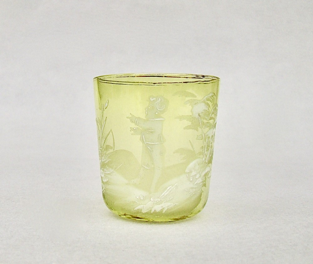 victorian miniature mary gregory yellow glass beaker circa 1890