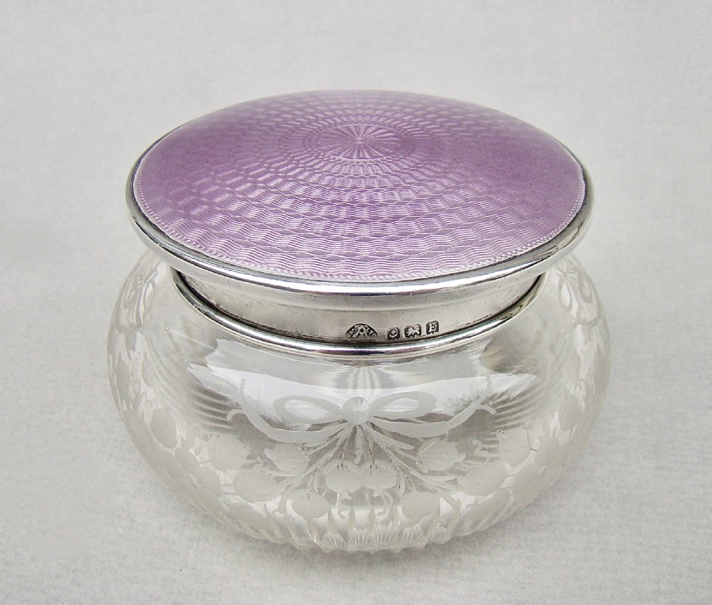 exquisite art deco silver lilac guilloche enamel dressing table jar by the adie brothers birmingham 1929